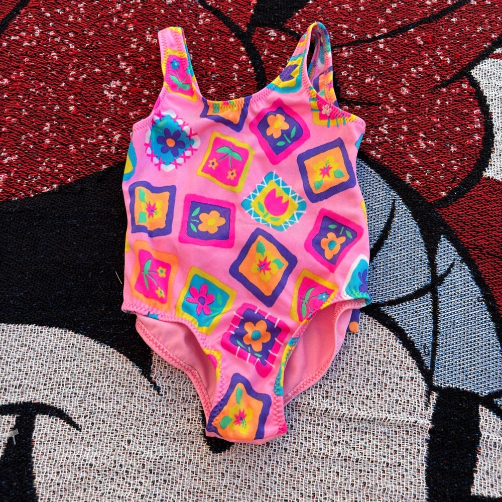 VINTAGE PACIFIC CONNECTION PINK PATCHWORK FLOWER BOW BATHING SUIT SIZE 3T